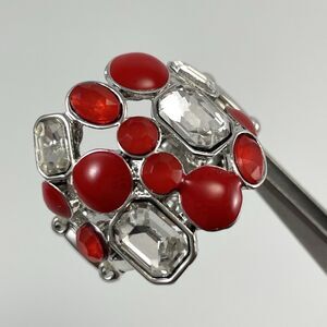 Silver Tone Red White Rhinestone Cluster Cocktail Ring Stretch Statement